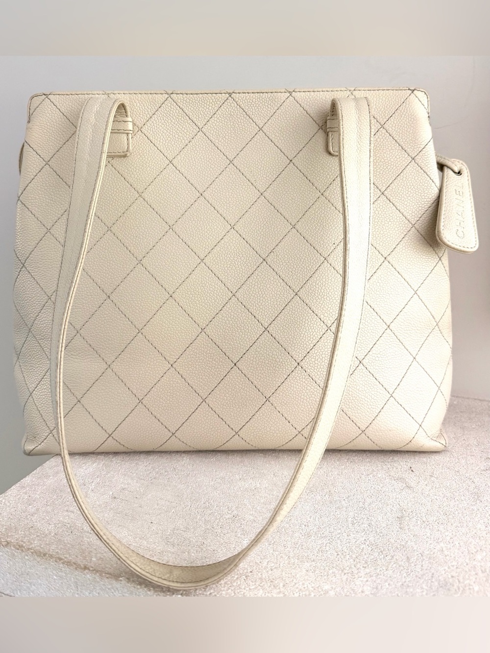 CHANEL Vintage Wild Stitch Cream Caviar Leather Shoulder Tote Bag + COA